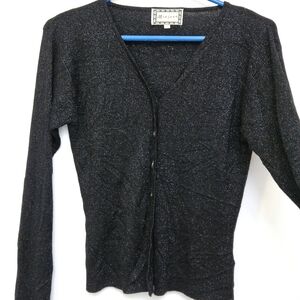 Monsoon Sz 12 Vintage 90s Y2K  Black Glitter Tread Knit Open Cardigan Sweater
